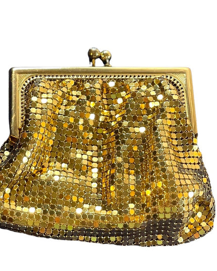Vintage 1960s Gold metal chain mail change purse rhinestone kiss lock