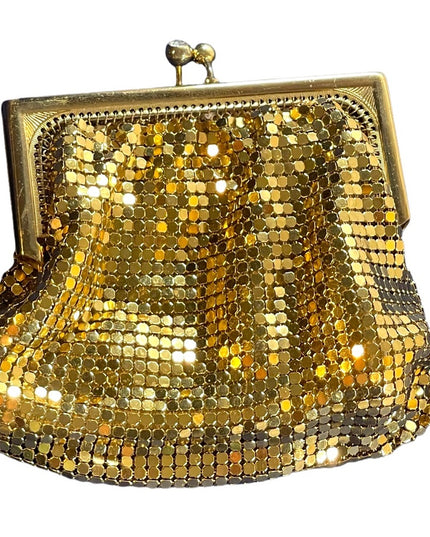 Vintage 1960s Gold metal chain mail change purse rhinestone kiss lock