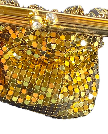 Vintage 1960s Gold metal chain mail change purse rhinestone kiss lock