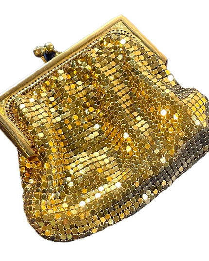 Vintage 1960s Gold metal chain mail change purse rhinestone kiss lock