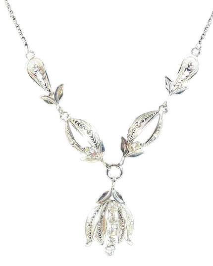 Vintage sterling silver Fancy etched wire work filagree necklace rhinestones