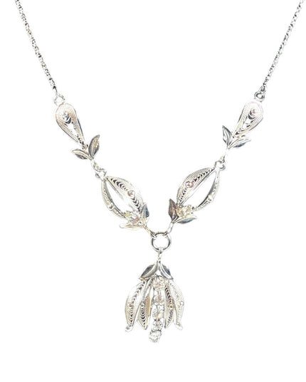 Vintage sterling silver Fancy etched wire work filagree necklace rhinestones