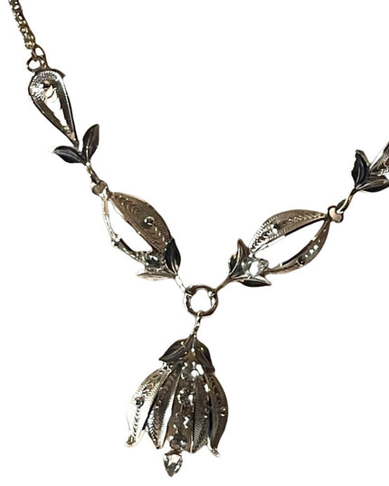Vintage sterling silver Fancy etched wire work filagree necklace rhinestones