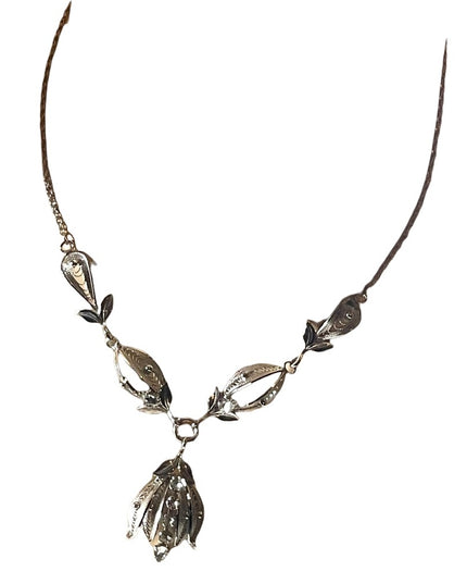 Vintage sterling silver Fancy etched wire work filagree necklace rhinestones