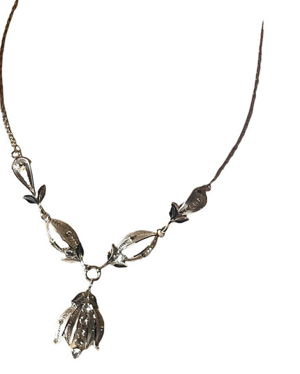 Vintage sterling silver Fancy etched wire work filagree necklace rhinestones