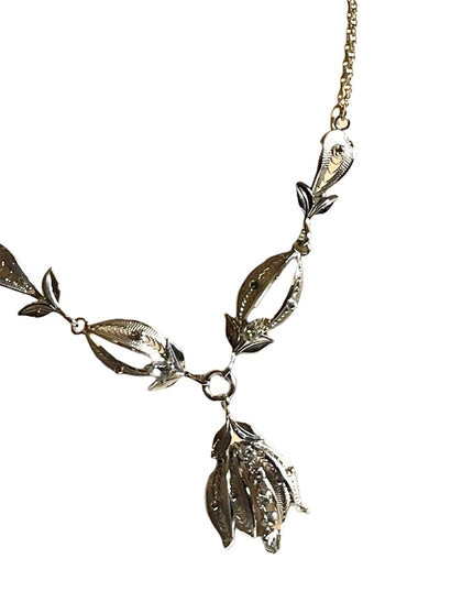 Vintage sterling silver Fancy etched wire work filagree necklace rhinestones