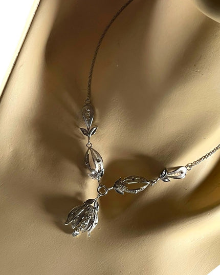 Vintage sterling silver Fancy etched wire work filagree necklace rhinestones