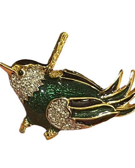 Vintage Dorlan Gold Finish enameled Bird brooch crystal rhinestones