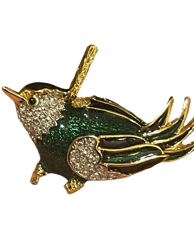 Vintage Dorlan Gold Finish enameled Bird brooch crystal rhinestones