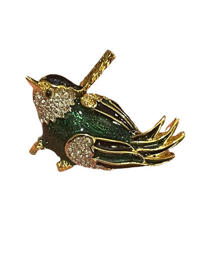 Vintage Dorlan Gold Finish enameled Bird brooch crystal rhinestones