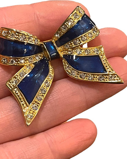 Lovely gold finish blue enameled crystal rhinestone BOW brooch