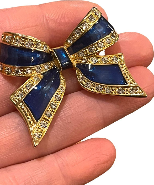 Lovely gold finish blue enameled crystal rhinestone BOW brooch