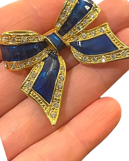 Lovely gold finish blue enameled crystal rhinestone BOW brooch