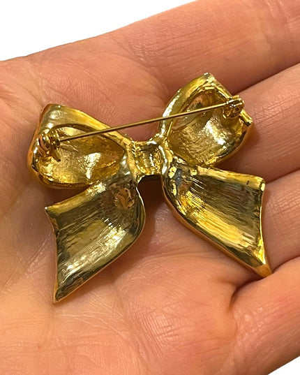 Lovely gold finish blue enameled crystal rhinestone BOW brooch
