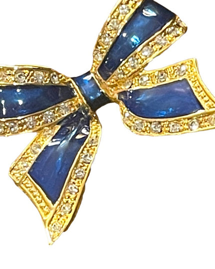 Lovely gold finish blue enameled crystal rhinestone BOW brooch
