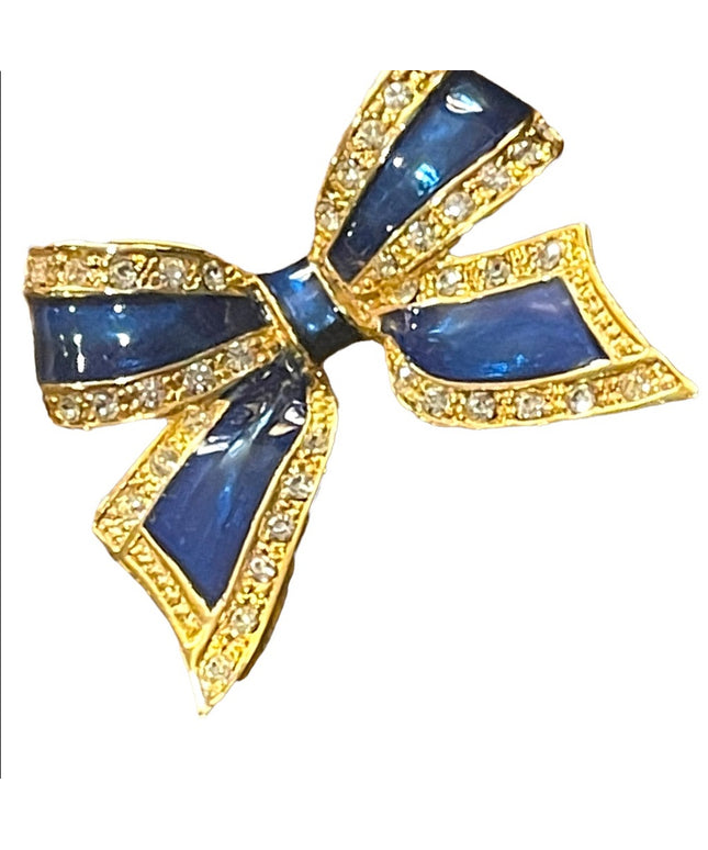 Lovely gold finish blue enameled crystal rhinestone BOW brooch