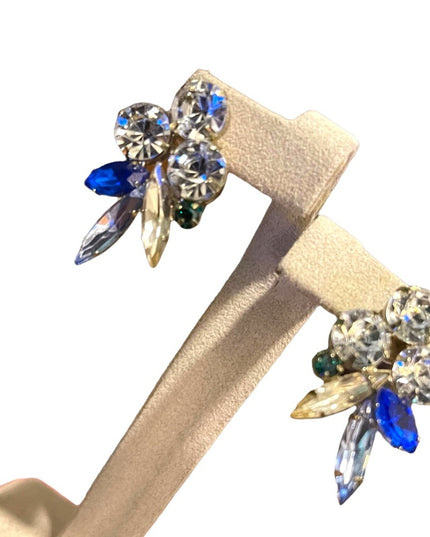Vintage glass crystal earrings blue clear silver dangle