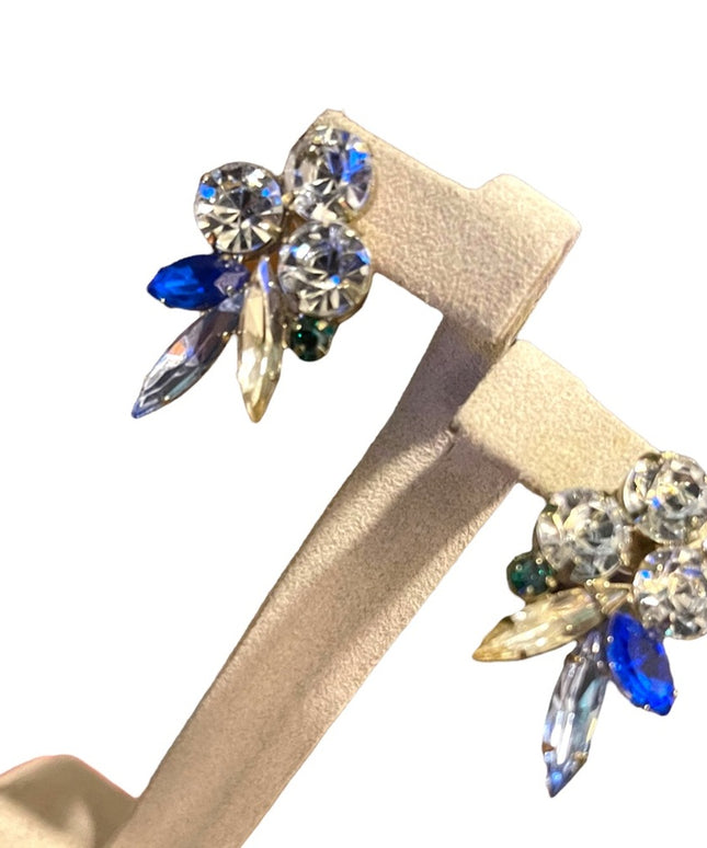 Vintage glass crystal earrings blue clear silver dangle