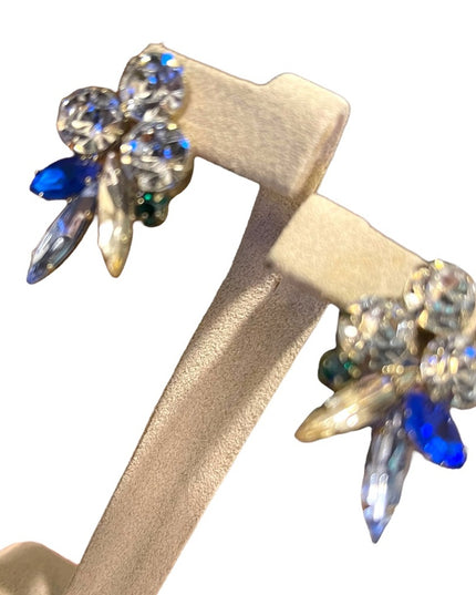 Vintage glass crystal earrings blue clear silver dangle