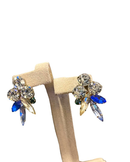 Vintage glass crystal earrings blue clear silver dangle