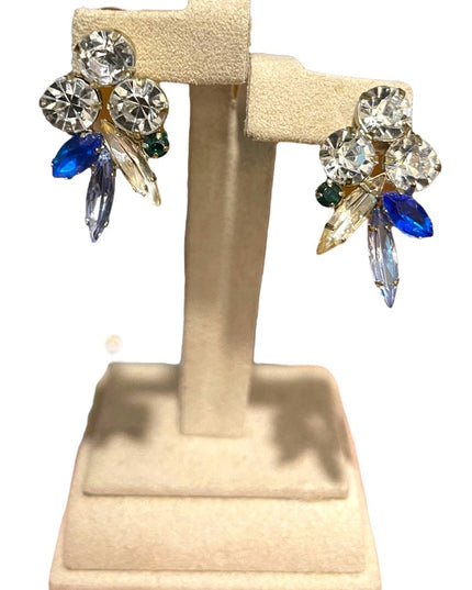 Vintage glass crystal earrings blue clear silver dangle