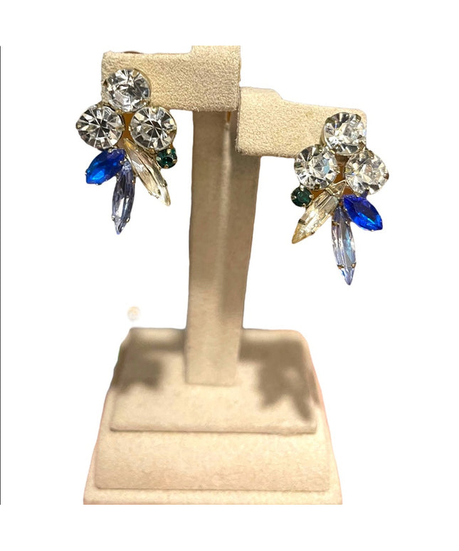 Vintage glass crystal earrings blue clear silver dangle