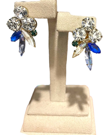 Vintage glass crystal earrings blue clear silver dangle