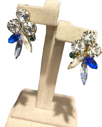 Vintage glass crystal earrings blue clear silver dangle