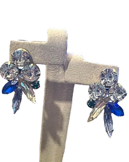 Vintage glass crystal earrings blue clear silver dangle
