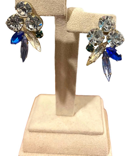 Vintage glass crystal earrings blue clear silver dangle