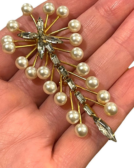 Vintage gold finish C1960s Marvella Faux pearl crystal dangle brooch