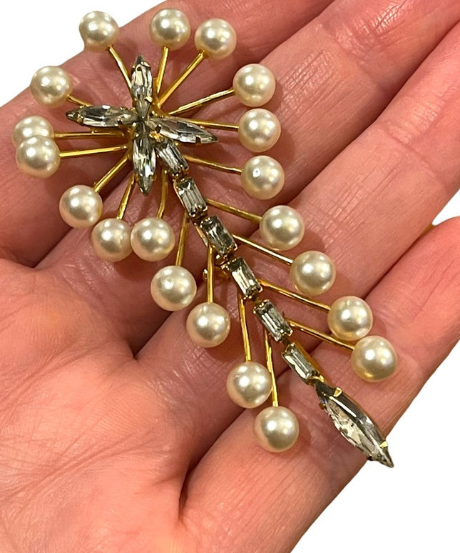 Vintage gold finish C1960s Marvella Faux pearl crystal dangle brooch