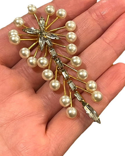 Vintage gold finish C1960s Marvella Faux pearl crystal dangle brooch