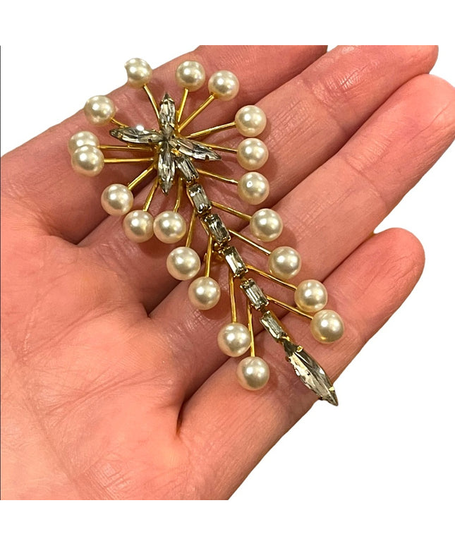Vintage gold finish C1960s Marvella Faux pearl crystal dangle brooch