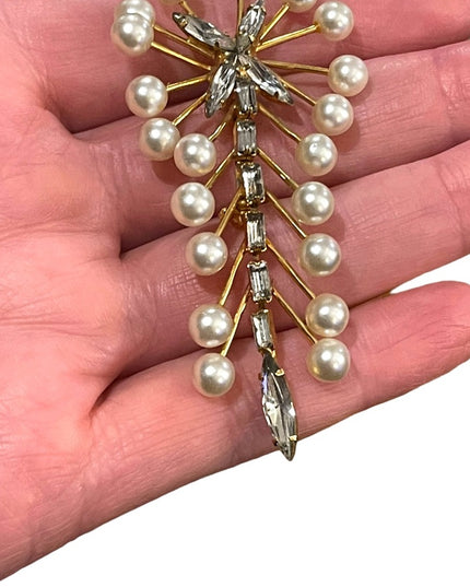 Vintage gold finish C1960s Marvella Faux pearl crystal dangle brooch