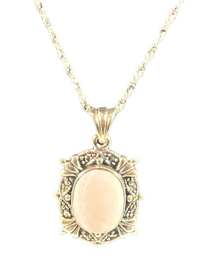 Sterling silver 925  Pink MOP marcasite pendant necklace