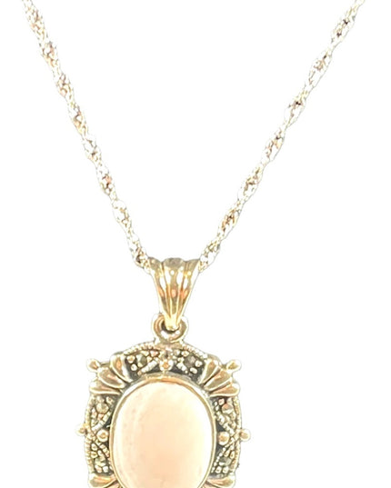 Sterling silver 925  Pink MOP marcasite pendant necklace