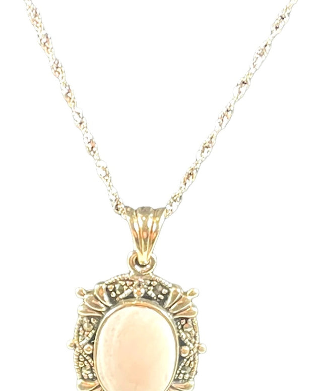 Sterling silver 925  Pink MOP marcasite pendant necklace