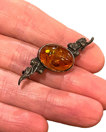 Antique Sterling silver amber bar brooch