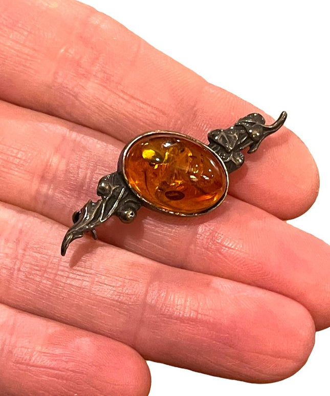Antique Sterling silver amber bar brooch