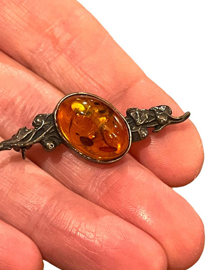 Antique Sterling silver amber bar brooch
