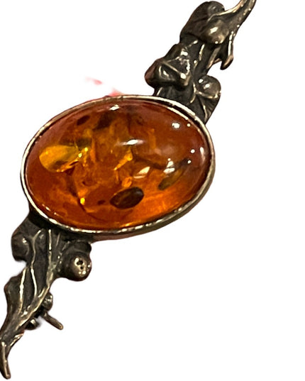 Antique Sterling silver amber bar brooch