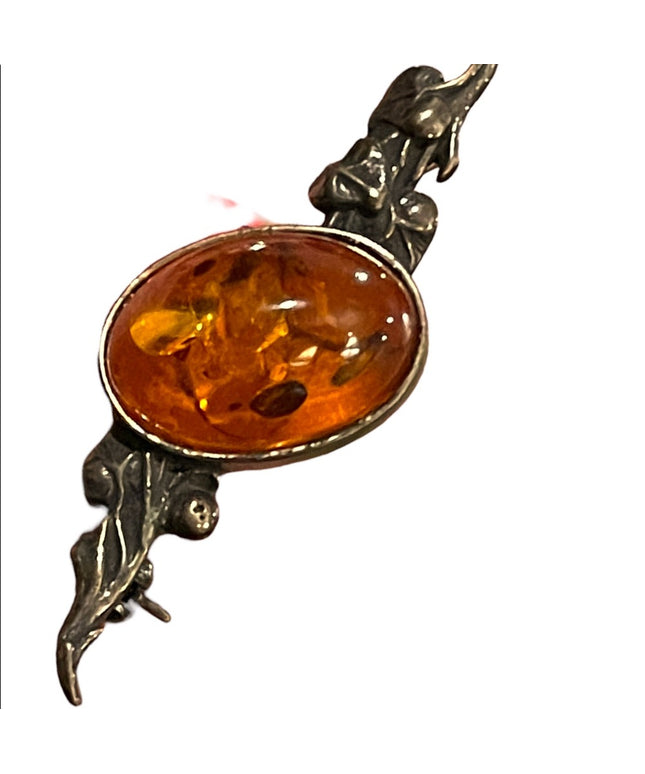 Antique Sterling silver amber bar brooch