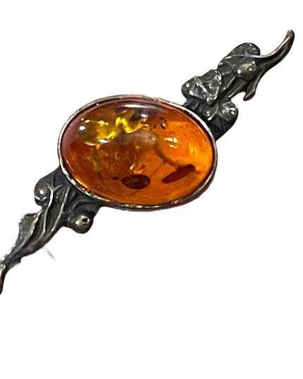 Antique Sterling silver amber bar brooch