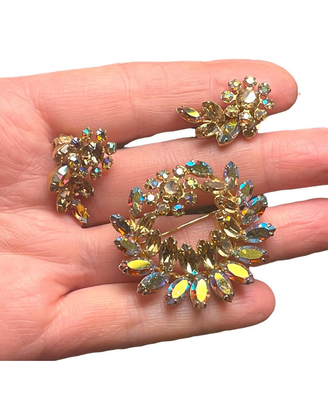Vintage 1950s Amber Color AB Sherman Auth Crystal Brooch & earrings Champagne
