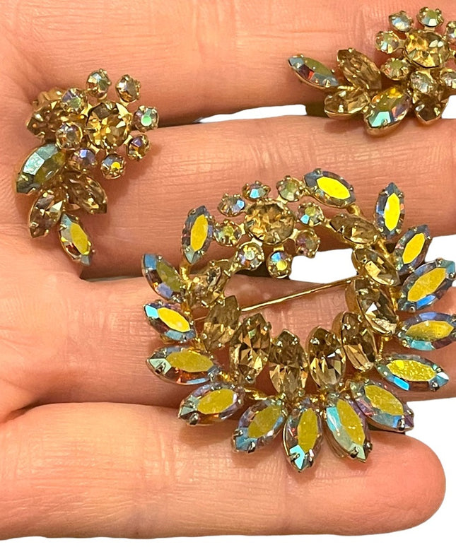 Vintage 1950s Amber Color AB Sherman Auth Crystal Brooch & earrings Champagne