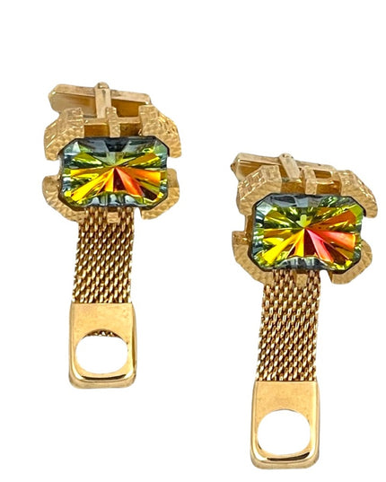 Vintage 1970s Chunky gold nugget large crystal green tellow ish AB cuff links