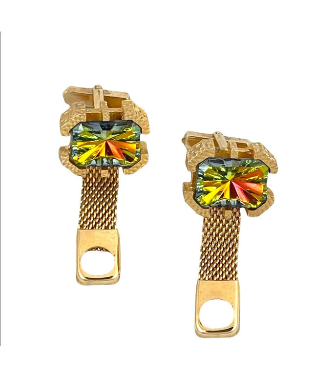 Vintage 1970s Chunky gold nugget large crystal green yellowish AB cuff links