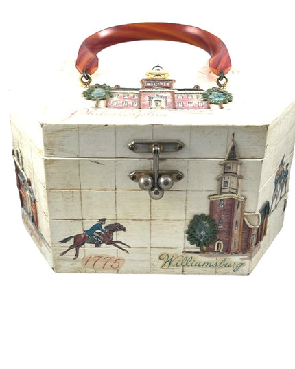 Vintage box purse US independance theme Philadelphia Bakelight ? handle Vg