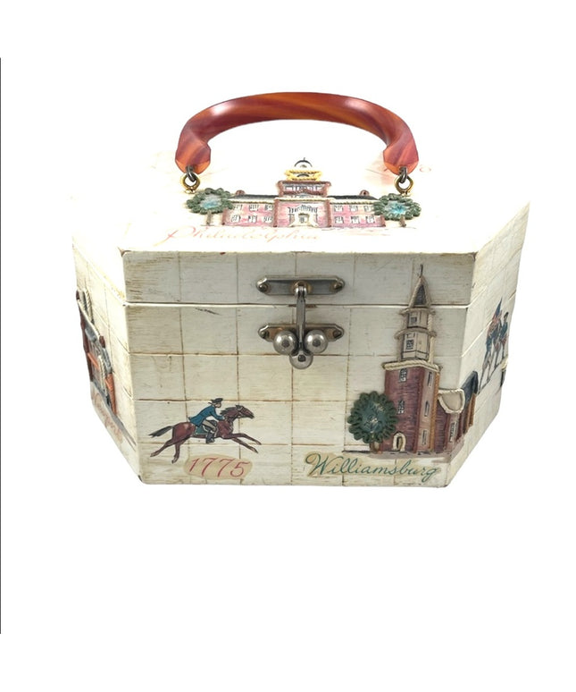 Vintage box purse US independance theme Philadelphia Bakelight ? handle Vg